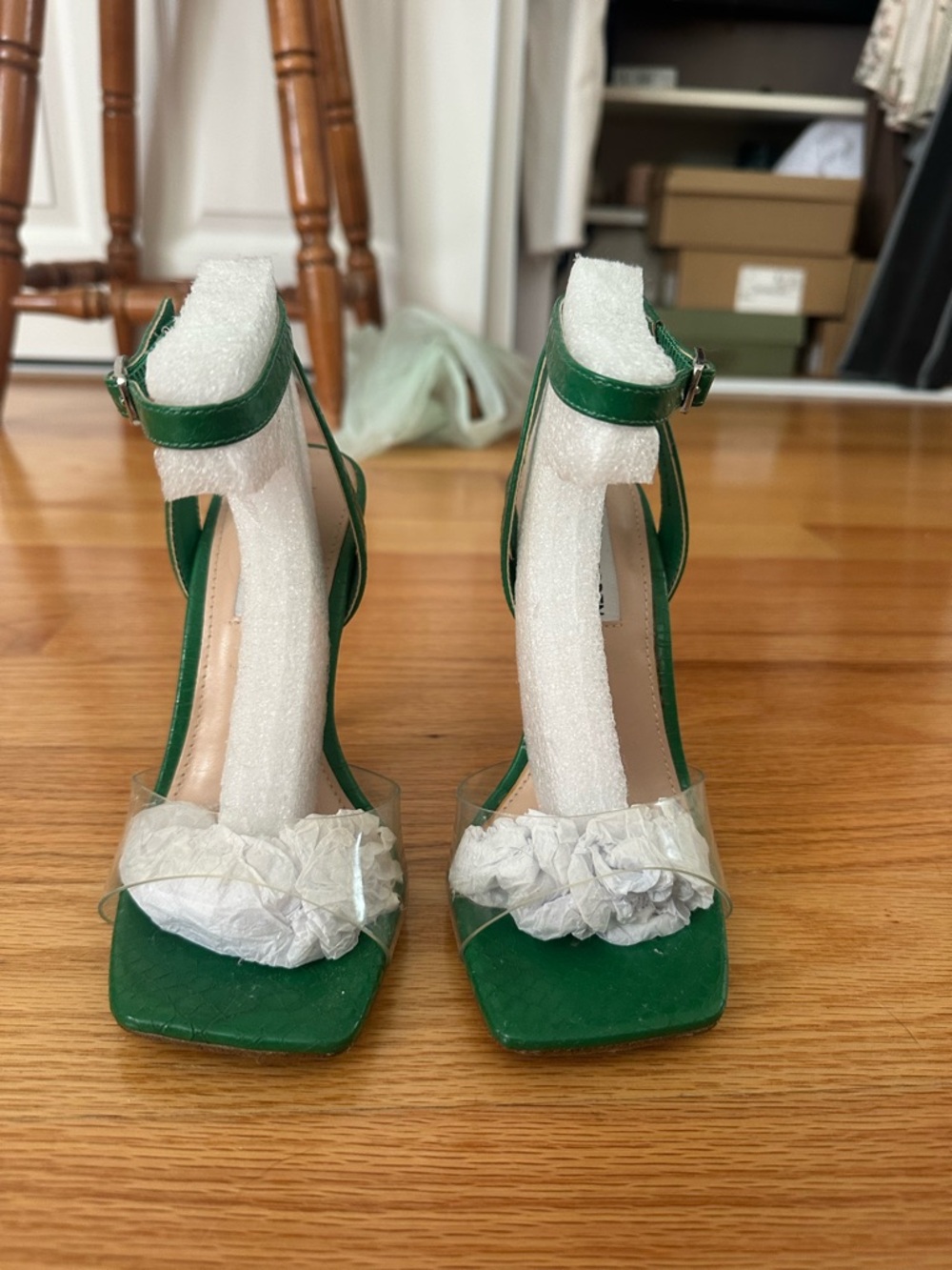 Steve Madden Green Ankle-Strap Clear-Band faux snake skin Heels